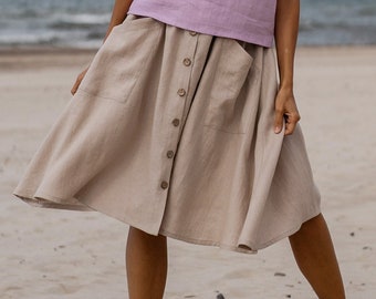 Button down linen skirt CAPRI / A-line high waist skirt / Pleated front skirt / Washed linen skirt