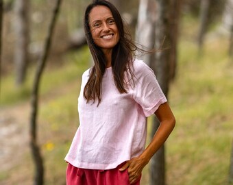 Blusa rosa polvoriento NORA, Top diario para mujer, Blusa suelta de lino, Top de lino boxy