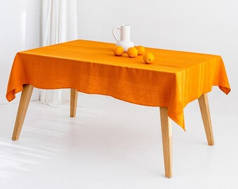 Linen tablecloth in mustard. Natural linen fabric tablecloth. Washed soft tablecloth.