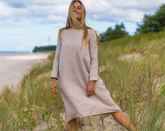 Abito in lino AURA oversize / Abito a maniche lunghe / Abito MIDI ampio