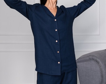 PRÊT À EXPÉDIER | Ensemble de pyjama en lin, vêtements de nuit en lin, vêtements de détente en lin, pantalon en lin et chemise en lin, vêtements de nuit en lin, ensemble pyjama avec pantalon