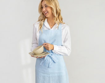 Linen Bib Apron In Sky Blue, Unisex Linen Apron, Available In 15 colors, Housewarming Gift
