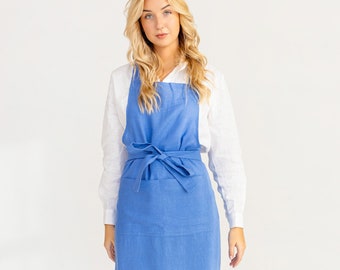 Bib Linen Apron In Blue Color / Stonewashed Linen / Apron With Pocket / Women Apron