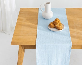 Linen table runner in sky blue color. Natural stone washed soft linen. Custom runner
