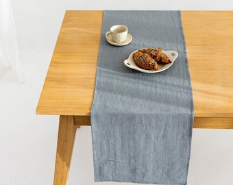 Linen table runner in grey color. Natural stonewashed soft linen. Table linens