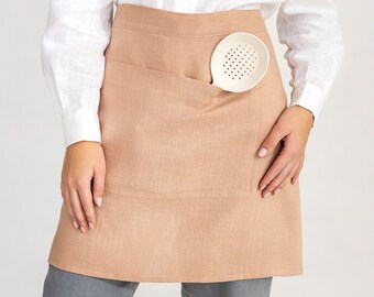 Linen half apron, Half apron with pockets, Cafe apron, Various colors available.