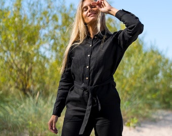 Black linen jumpsuit LUGANO - Long sleeve jumpsuit - Loose summer overall