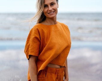 Linen two piece set, Linen blouse and trousers set, Linen clothing loungewear,