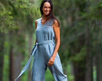 Grijze linnen jumpsuit MONACO, zomeroverall, linnen jumpsuit dames