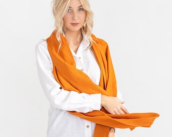 Linen scarf in mustard color / Long linen scarf / Handmade scarf / Available in various colors