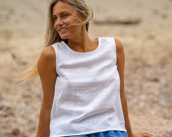 White linen Top TEIDE, Summer tank top, Crop linen top, Sleeveless top, Available in various colors
