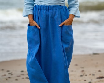 Linen midi skirt. Skirt with deep pockets. High waist linen skirt. Summer skirt.