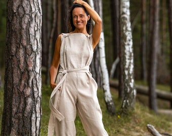 Wrap linen jumpsuit DICEY, Sleeveless jumpsuit, Linen overalls, Summer clothing for women