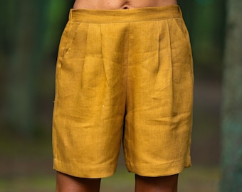 Short jaune ambré BERGEN, Bermuda lin, Short taille haute plissé, Short avec poches