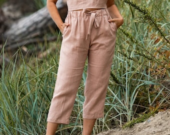 Loose linen pants IEVA / High waist pants / Elastic waist linen trousers /