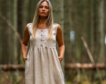 Loose fit linen dress BARBARA | Linen dress tunic | Sleeveless dress | Midi linen dress