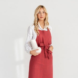 Linen Bib Apron In Raspberry / Unisex Apron / Linen Kitchen Apron image 1