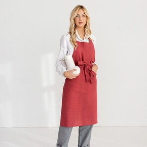 Linen Bib Apron In Raspberry / Unisex Apron / Linen Kitchen Apron image 2