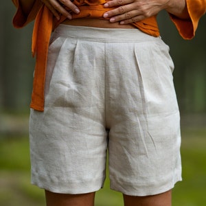 Linen bermuda shorts, Shorts BERGEN, Summer women shorts, Pleated front shorts, Elastic waist,