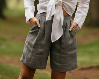 READY TO SHIP | Pleated linen shorts Bergen, Linen women shorts, Linen shorts with pockets, Summer linen shorts,