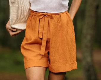 KLAAR VOOR VERZENDING | Linnen losse shorts / mosterdlinnen shorts / linnen kleding