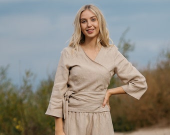 READY TO SHIP | Wrap linen top Madeira, Linen blouse, Linen top, Wrap top blouse, Linen kimono top, Crop linen top,