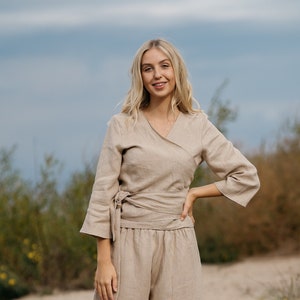 READY TO SHIP | Wrap linen top Madeira, Linen blouse, Linen top, Wrap top blouse, Linen kimono top, Crop linen top,
