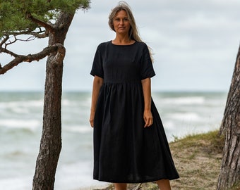 Loose linen dress BLUE SKY, Black linen dress in various colors, Linen clothing for women