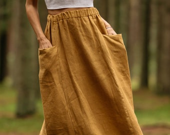 Linen skirt with deep pockets / Washed linen skirt / Linen skirt / Knee length linen skirt / High waist linen skirt / Midi linen skirt /