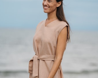 READY TO SHIP | Linen tunic with belt, Linen tunic dress, Linen blouse, Loose fit tunic, Linen top,