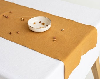 Linen table runner in amber yellow. Natural table decor. Wedding long table runner.