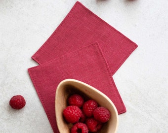Linen coasters in raspberry color, Set of 4/6/8/10, Natural coasters, Housewarming gift
