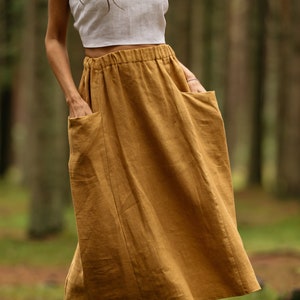 Linen skirt with deep pockets / Washed linen skirt / Linen skirt / Knee length linen skirt / High waist linen skirt / Midi linen skirt /