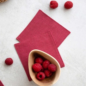 Linen coasters in raspberry color, Set of 4/6/8/10, Natural coasters, Housewarming gift image 1