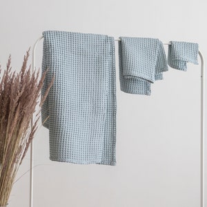 Sky blue color Linen waffle towel set, Waffle Bath towel, Hand towel, Face towel, Beach towel, Gift for women image 2