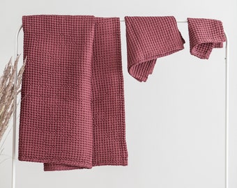 Waffle linen towels set in red color. Face towel, Hand towel, Body towel, Absorbent waffle towels,