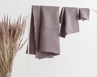 Linen waffle towel set in grey color. Linen Face, hand, body waffle towels, Waffle linen towel,