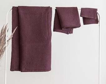 Linen waffle towels set, Linen bath towel, Hand towel, Face towel, Linen kitchen towel
