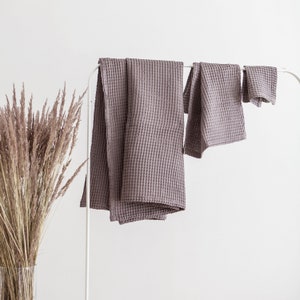 Linen waffle towel set in grey color. Linen Face, hand, body waffle towels, Waffle linen towel, image 1