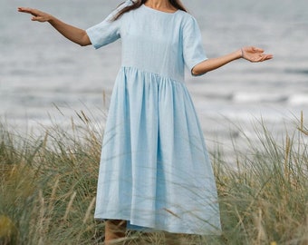 Linen dress BLUE SKY, Half sleeve linen dress, Summer dress, Long linen dress with pockets, Loose fit dress,