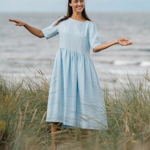 Linen dress BLUE SKY, Half sleeve linen dress, Summer dress, Long linen dress with pockets, Loose fit dress,
