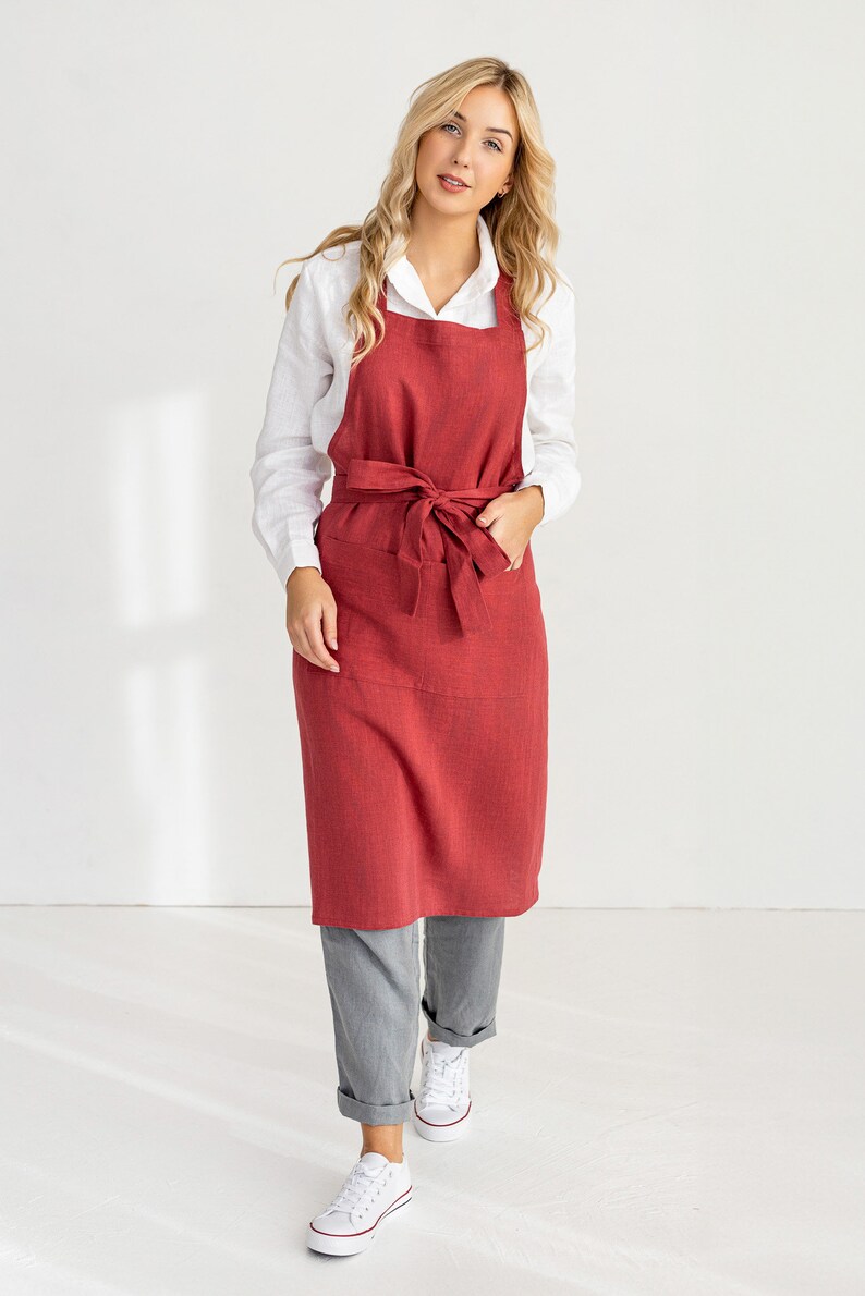 Linen Bib Apron In Raspberry / Unisex Apron / Linen Kitchen Apron image 4