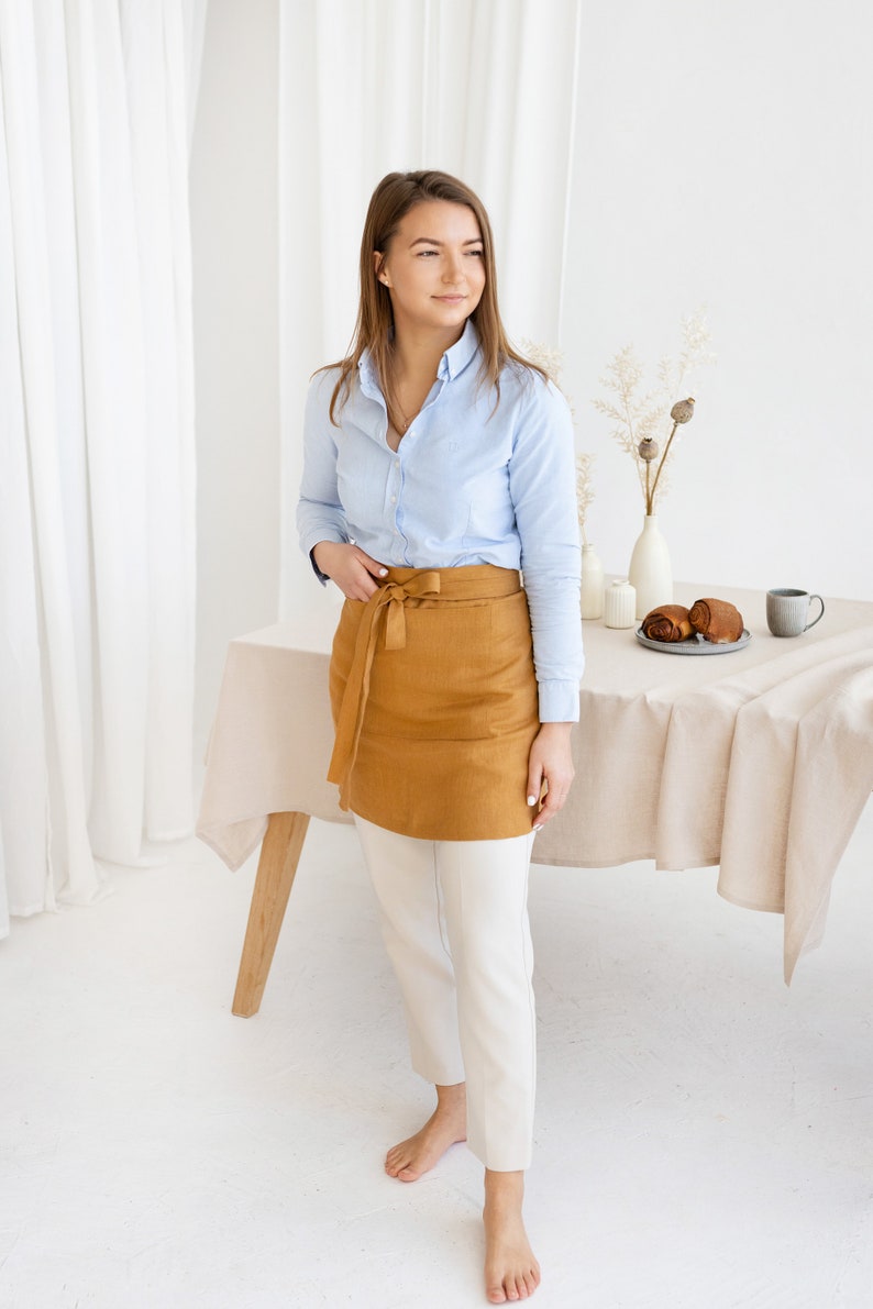 Linen half apron, Cafe linen apron, Half linen apron with front pocket, Barista apron, image 3