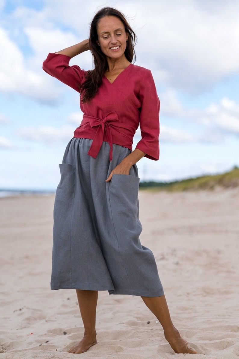 MIDI linen skirt / Skirt with pockets / Elastic waist skirt / Summer linen skirt / image 1