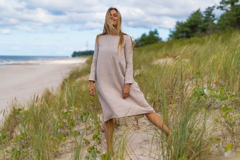 Oversized AURA linen dress / Long sleeve dress / Loose MIDI dress zdjęcie 1