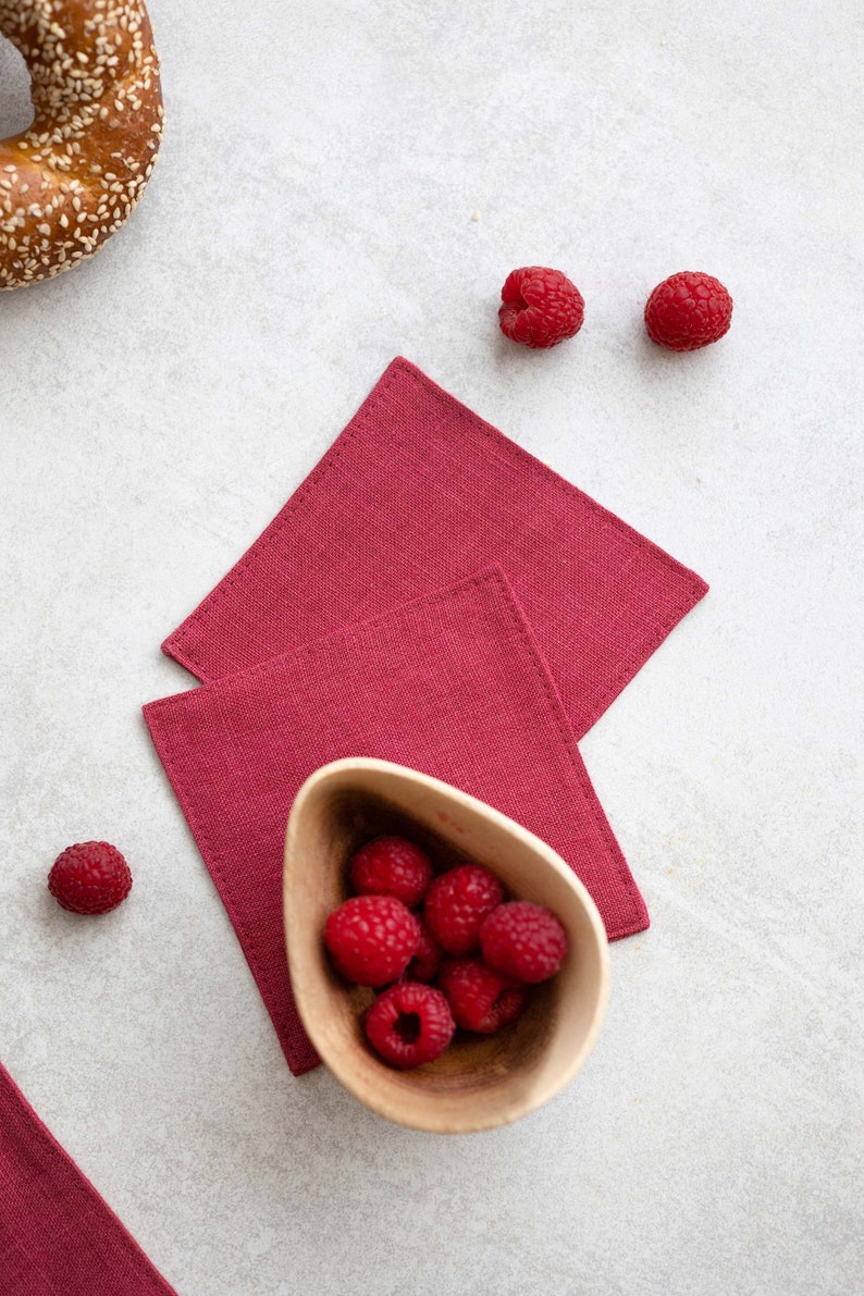 Linen coasters in raspberry color, Set of 4/6/8/10, Natural coasters, Housewarming gift image 1
