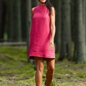Raspberry linen dress VICTORIA, Sleeveless loose dress, Knee-length linen dress, image 4