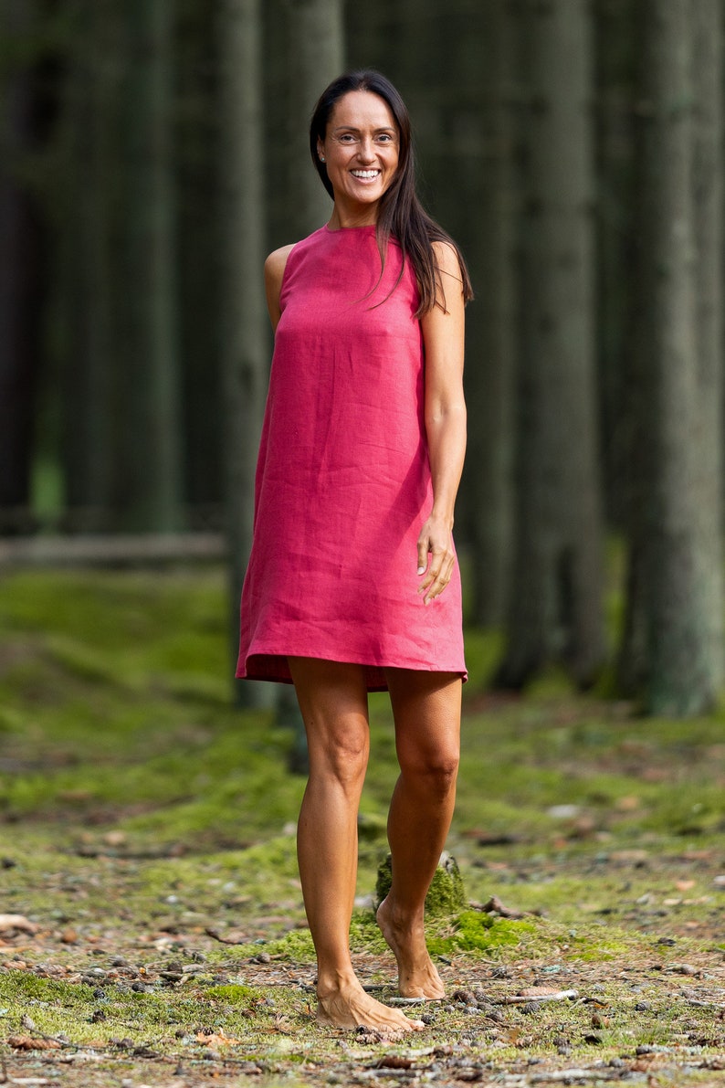 Raspberry linen dress VICTORIA, Sleeveless loose dress, Knee-length linen dress, image 4