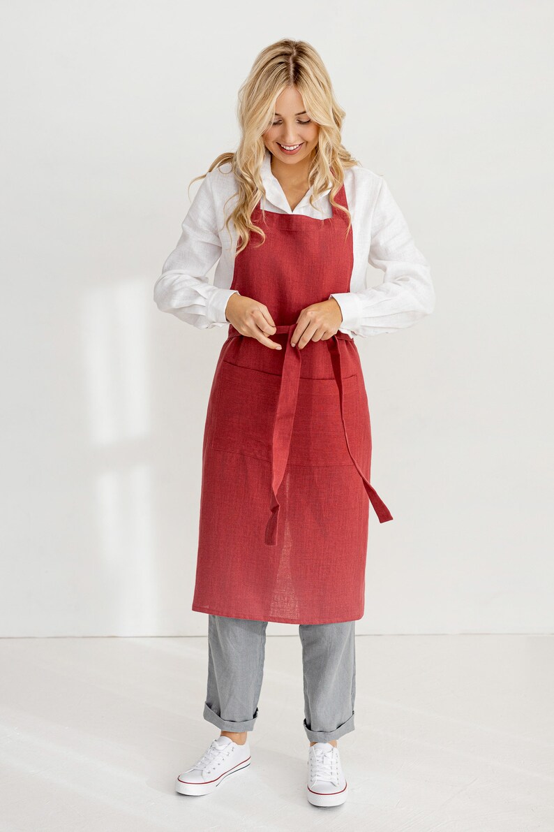 Linen Bib Apron In Raspberry / Unisex Apron / Linen Kitchen Apron image 5