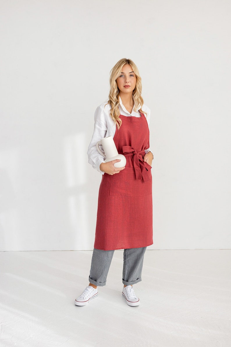 Linen Bib Apron In Raspberry / Unisex Apron / Linen Kitchen Apron image 2